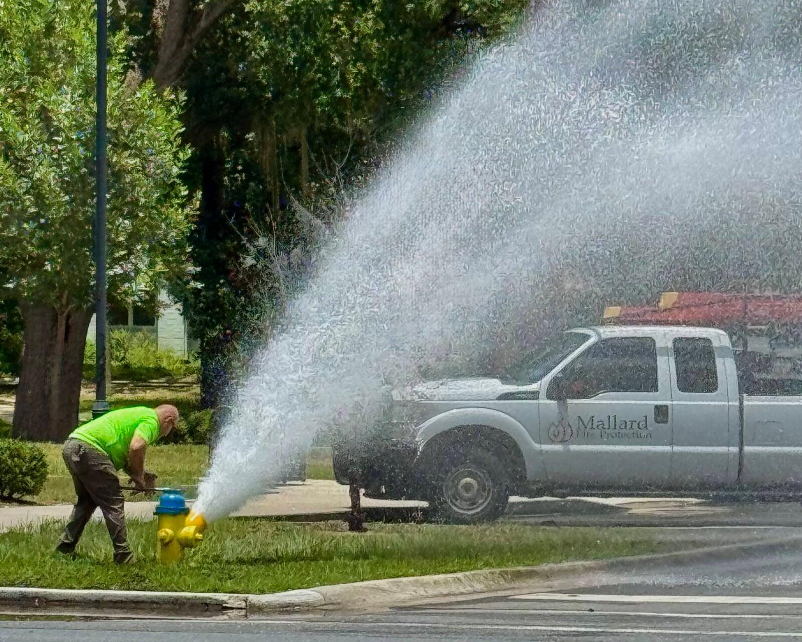 An image of a yellow fire hydrant flowing water on the side of the street, surrounded by orange safety cones.