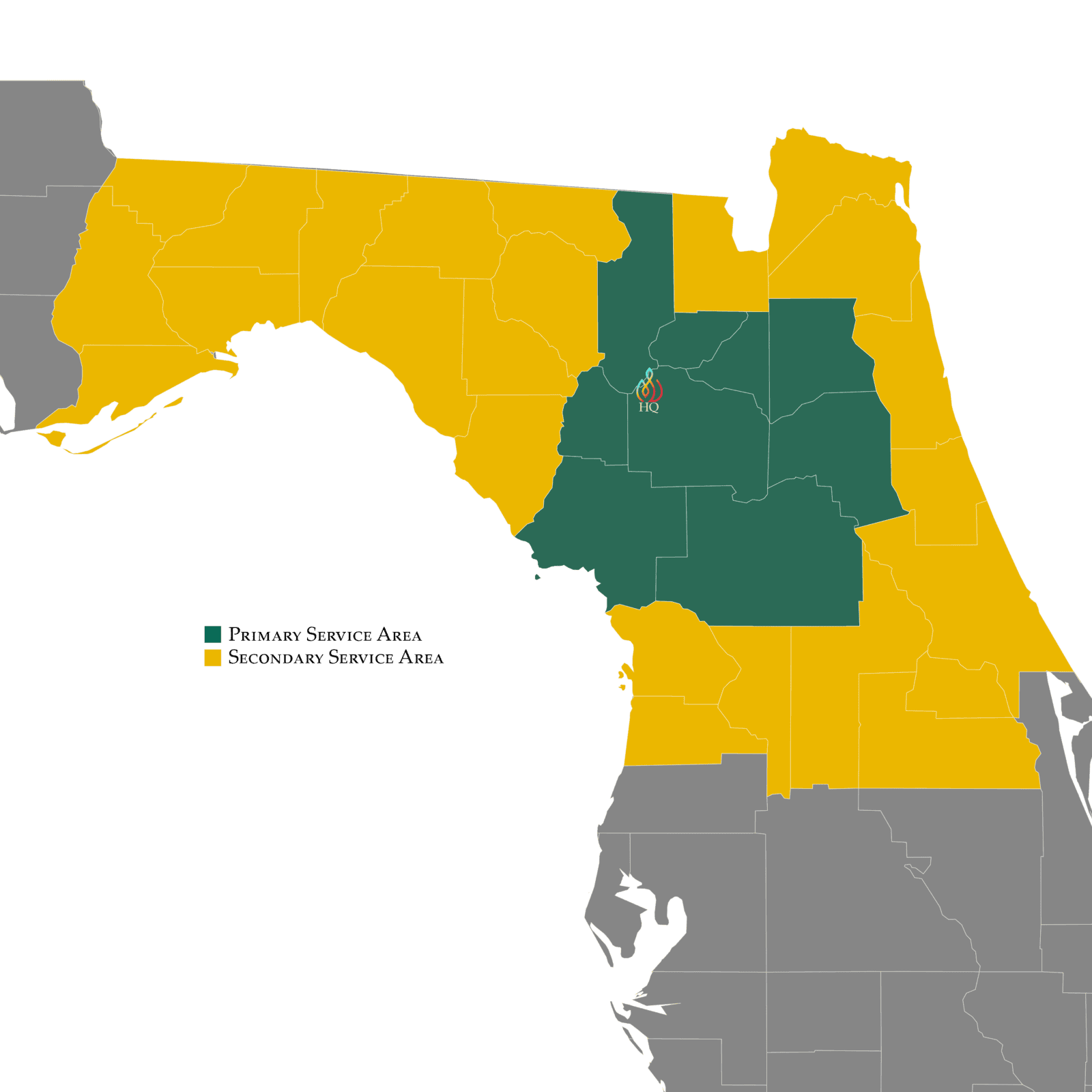 An image of the Florida counties map with some counties collared green representing the primary service area and some colored in yellow representing the secondary service area.